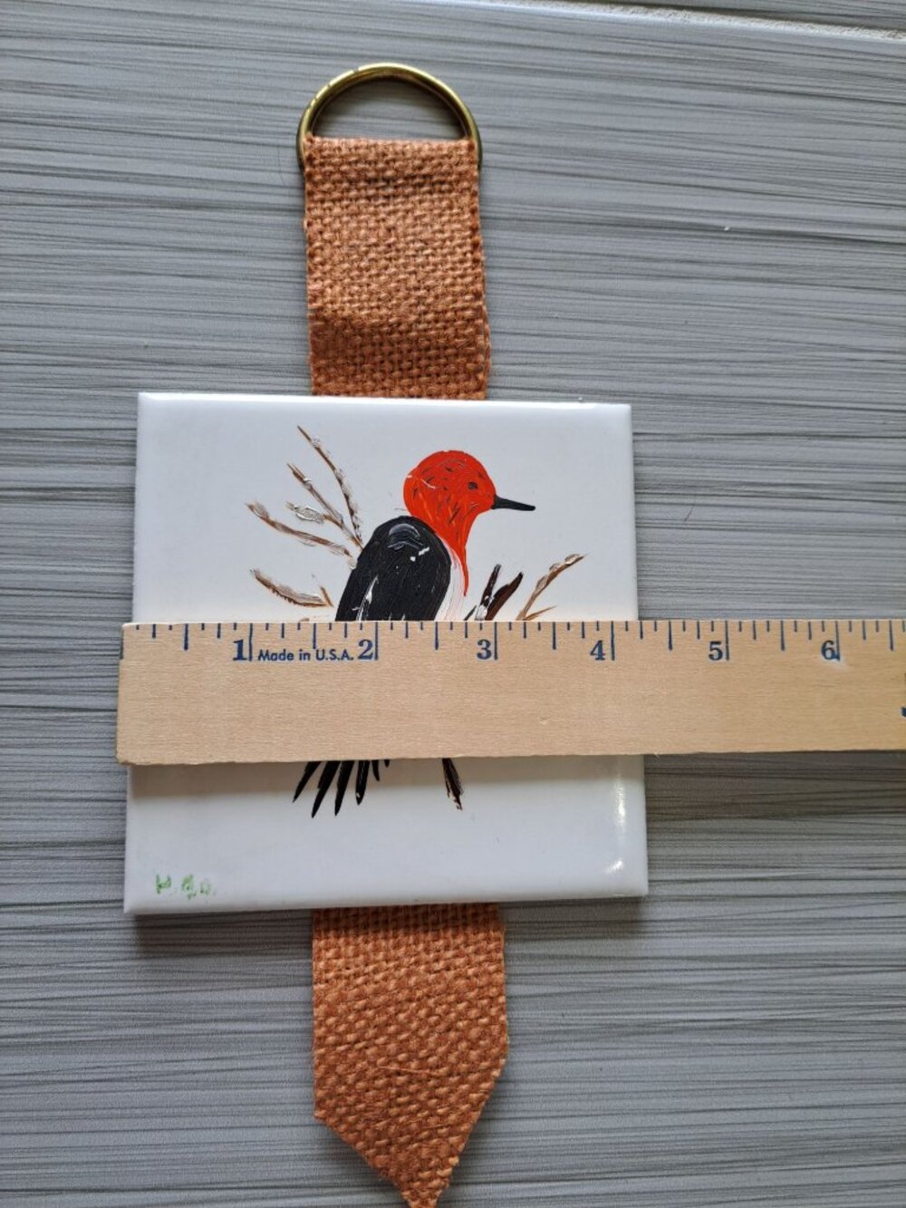 Hand-Painted Ceramic Red Headed Woodpecker Wall Tile Signed Wall Hanging - Picture 7 of 11